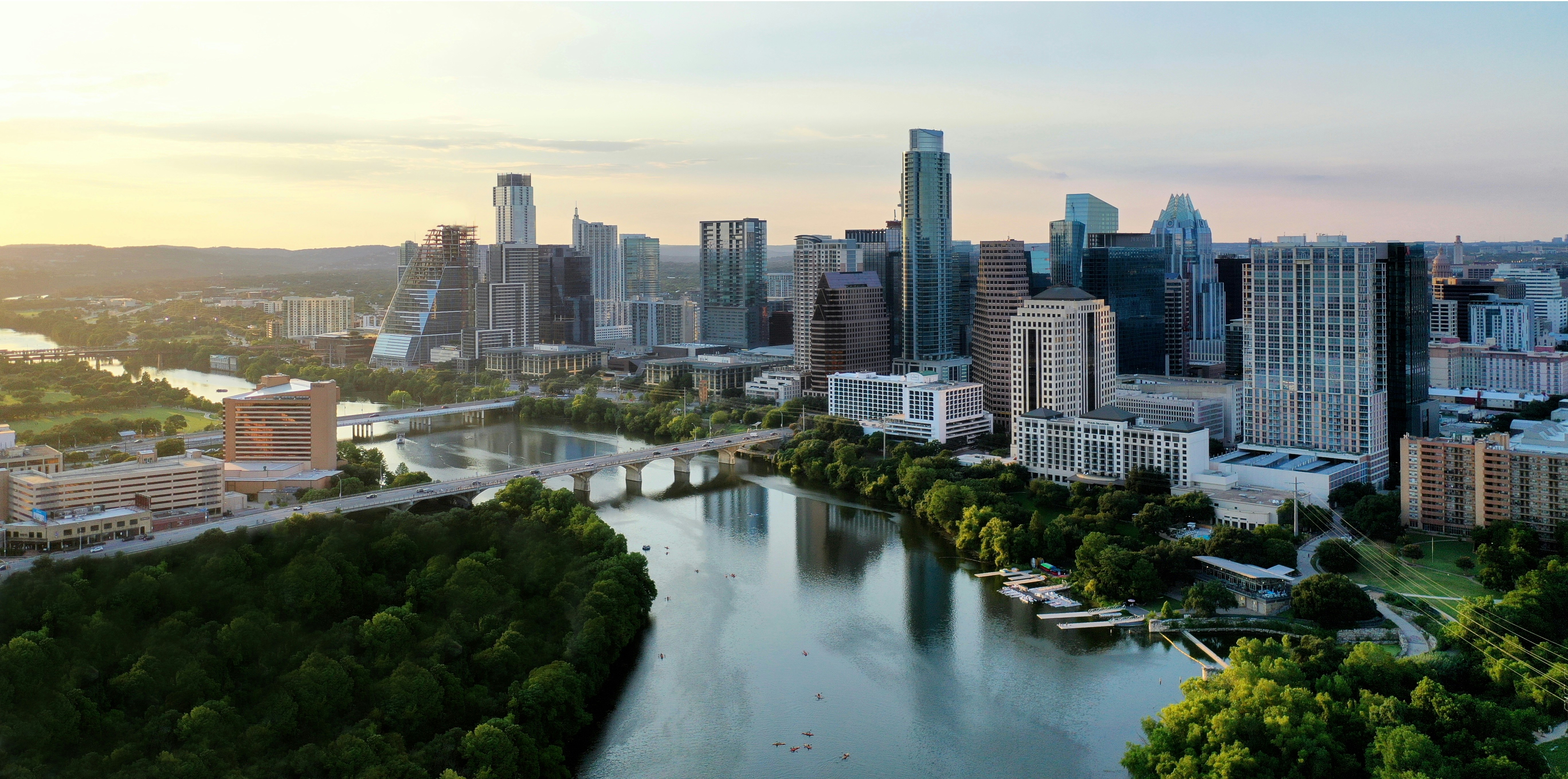 Aerial view of Austin, Texas at golden hour