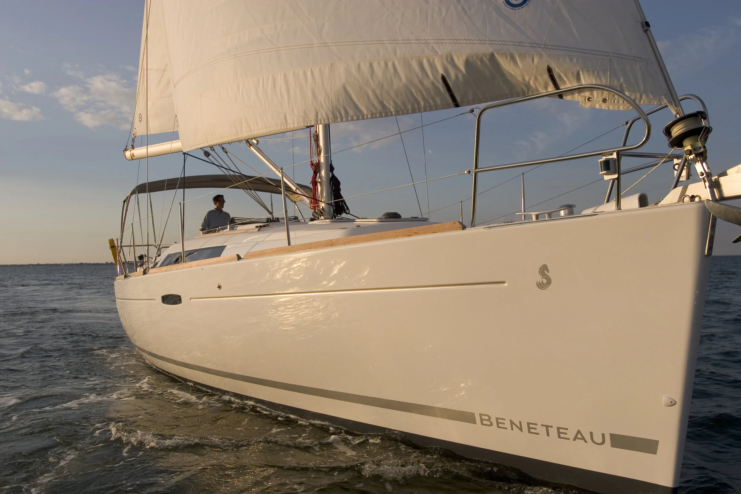 Bow of a Beneteau sailboat underway on Lake Travis